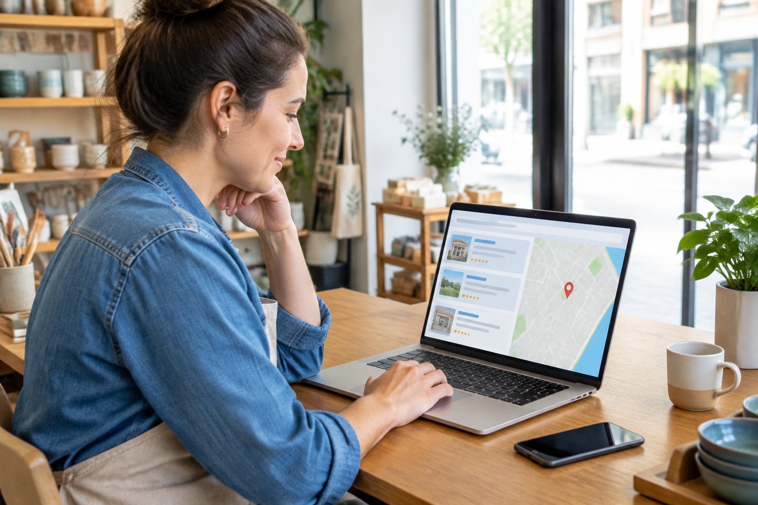 A small-business owner uses a laptop at a shop counter.